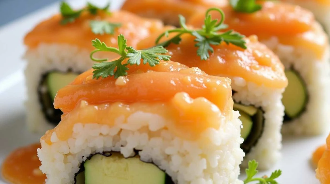 Delicious homemade salmon sushi bake with creamy layers of salmon, rice, and flavorful toppings, baked to perfection for a crowd-pleasing dish.