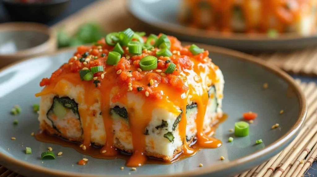 Delicious homemade salmon sushi bake with creamy layers of salmon, rice, and flavorful toppings, baked to perfection for a crowd-pleasing dish.