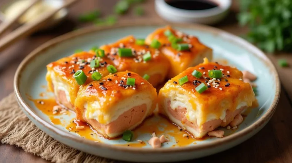 Delicious homemade salmon sushi bake with creamy layers of salmon, rice, and flavorful toppings, baked to perfection for a crowd-pleasing dish.