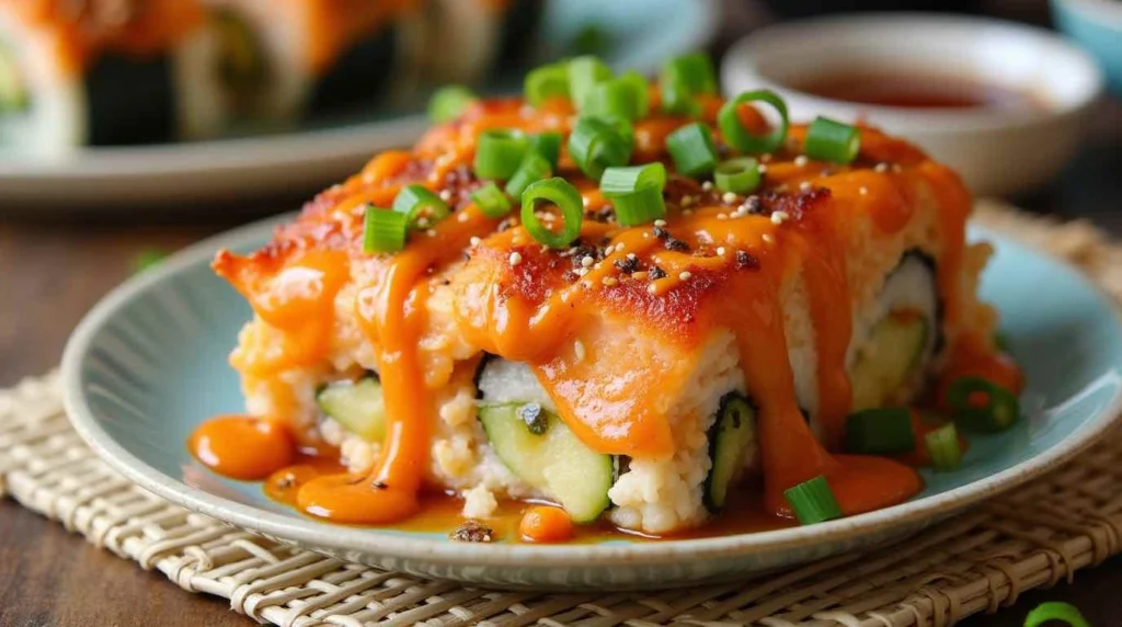 Delicious homemade salmon sushi bake with creamy layers of salmon, rice, and flavorful toppings, baked to perfection for a crowd-pleasing dish.